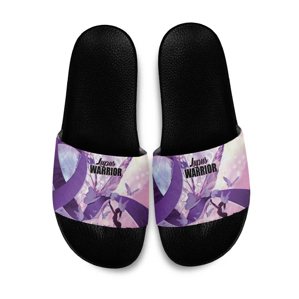 Polynesian Lupus Awareness Slide Sandals Butterfly Hologram Lupus Warrior LT01 Purple - Polynesian Pride