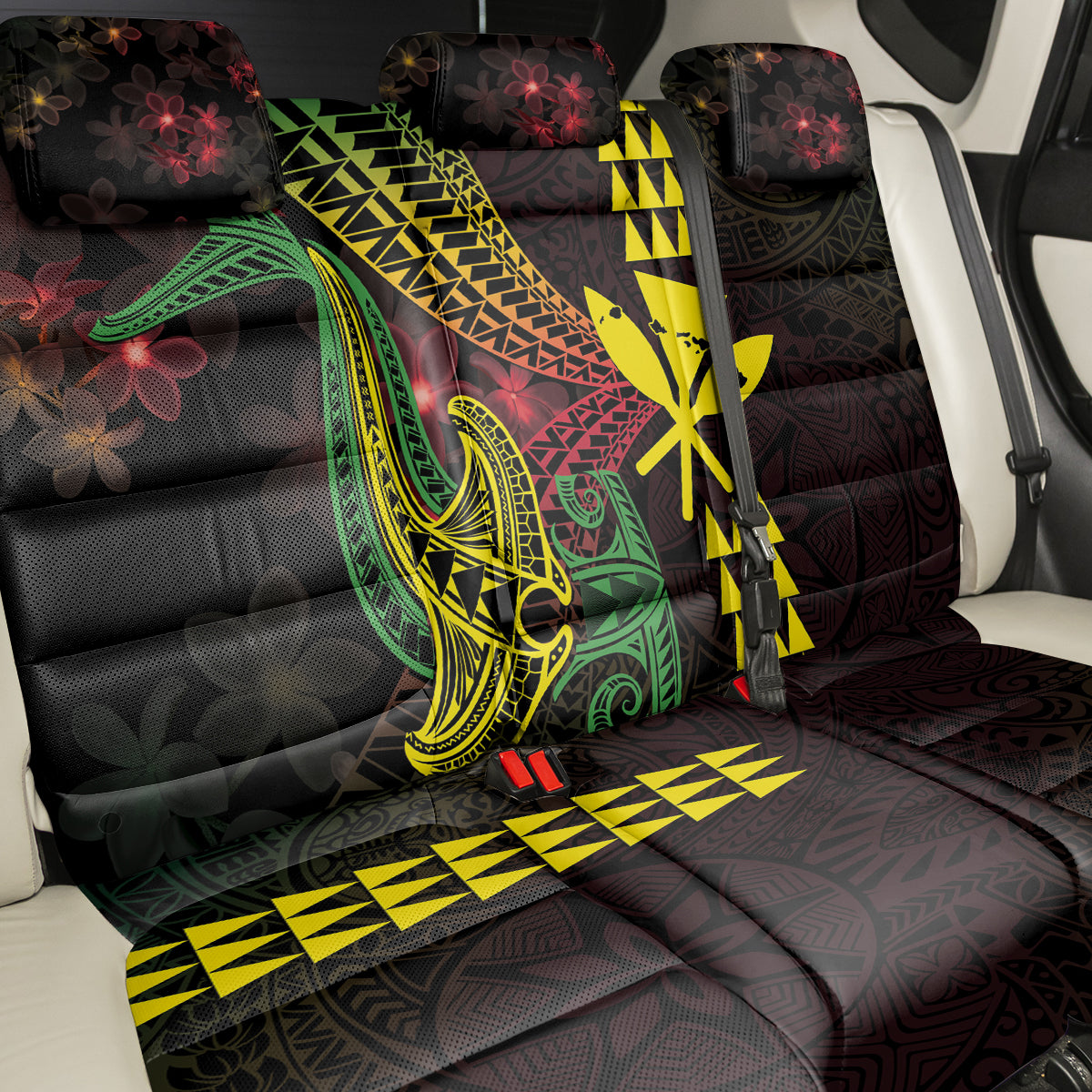 Hawaii Kakau Hammerhead Shark Back Car Seat Cover Neon Plumeria Pattern LT01 - Polynesian Pride
