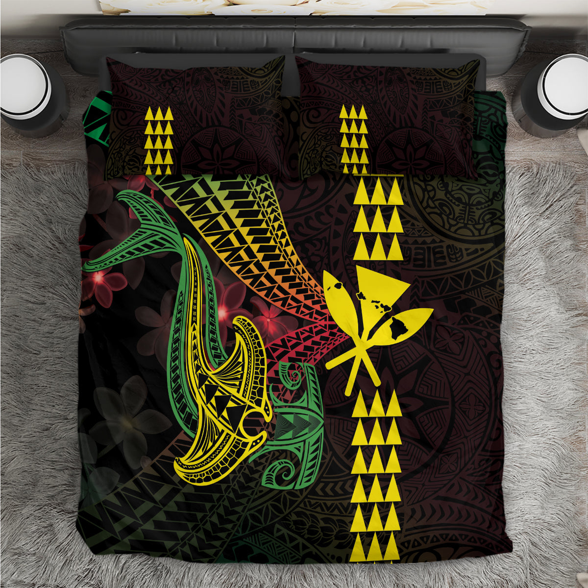 Hawaii Kakau Hammerhead Shark Bedding Set Neon Plumeria Pattern LT01 Black - Polynesian Pride