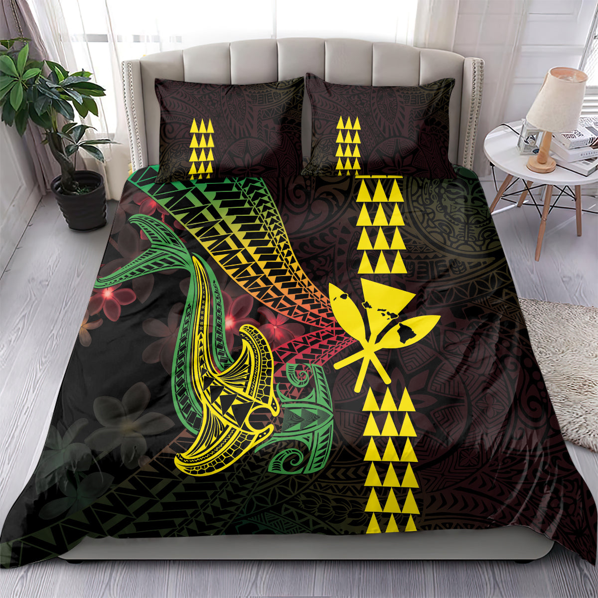 Hawaii Kakau Hammerhead Shark Bedding Set Neon Plumeria Pattern LT01 - Polynesian Pride