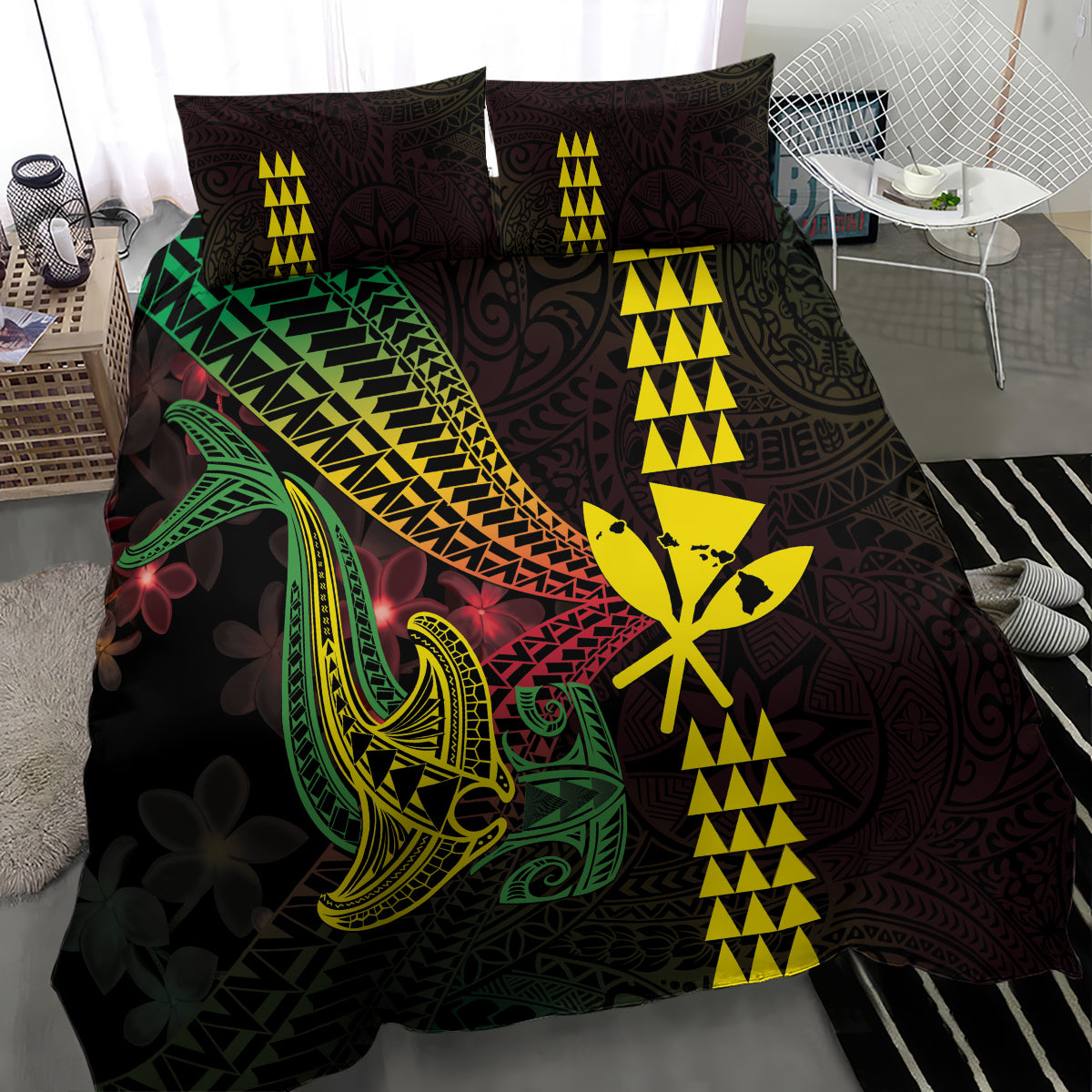 Hawaii Kakau Hammerhead Shark Bedding Set Neon Plumeria Pattern LT01 - Polynesian Pride