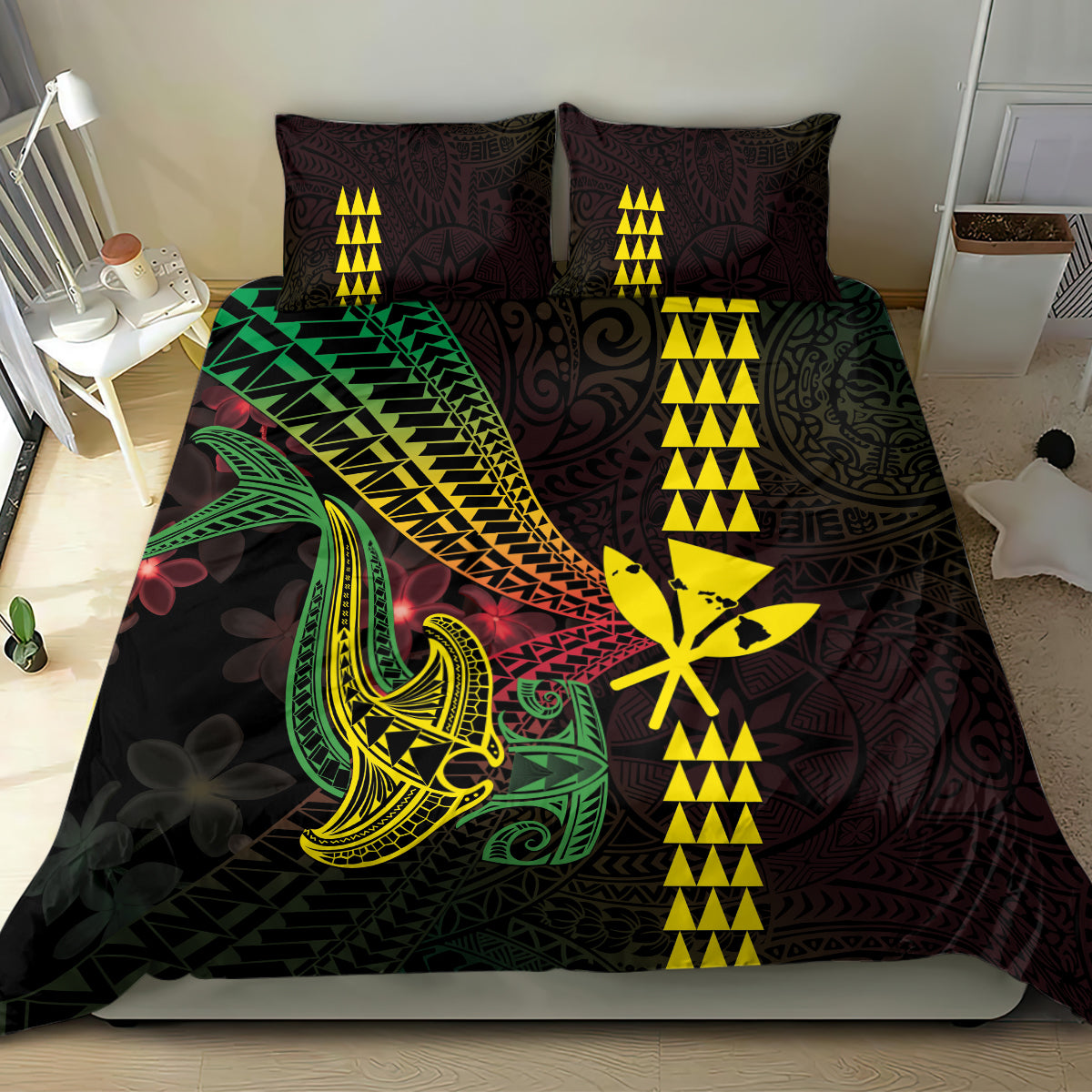 Hawaii Kakau Hammerhead Shark Bedding Set Neon Plumeria Pattern LT01 - Polynesian Pride