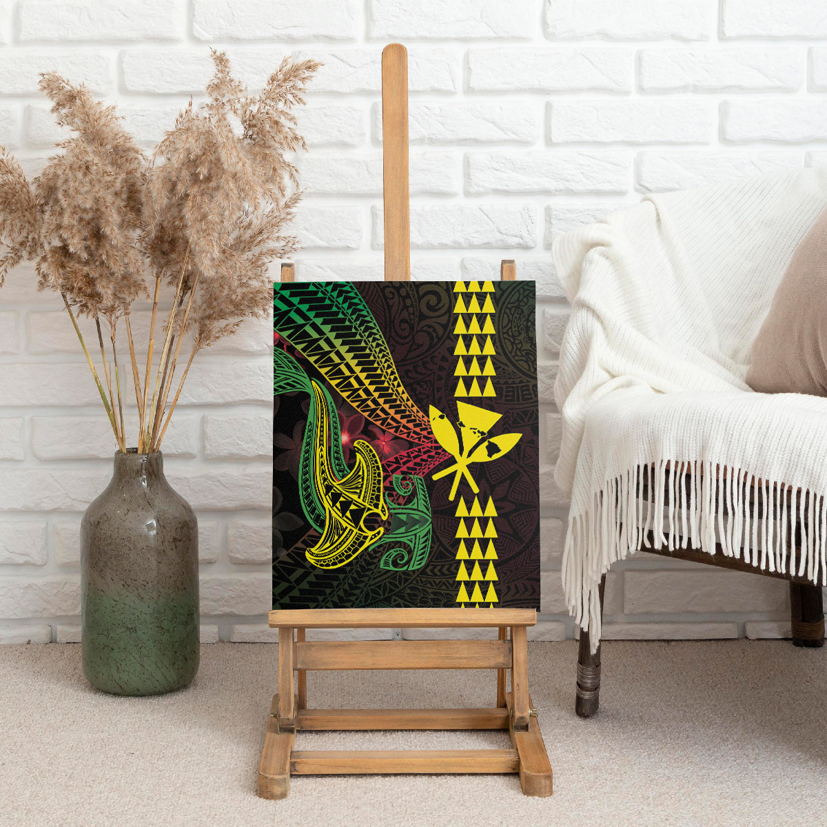 Hawaii Kakau Hammerhead Shark Canvas Wall Art Neon Plumeria Pattern LT01 - Polynesian Pride