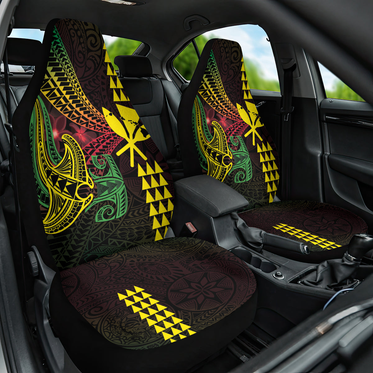 Hawaii Kakau Hammerhead Shark Car Seat Cover Neon Plumeria Pattern LT01 One Size Black - Polynesian Pride
