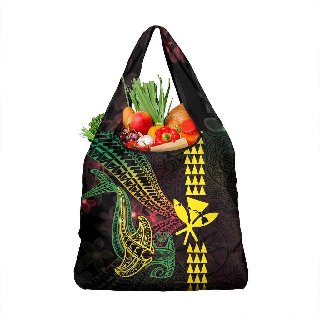 Hawaii Kakau Hammerhead Shark Grocery Bag Neon Plumeria Pattern LT01 1-pack One Size Black - Polynesian Pride