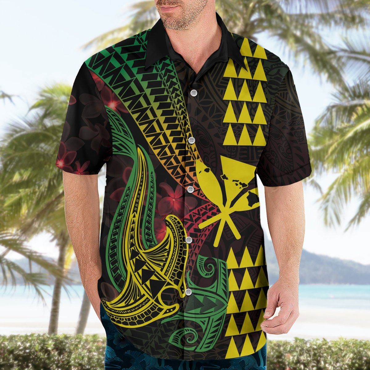 Hawaii Kakau Hammerhead Shark Hawaiian Shirt Neon Plumeria Pattern LT01 - Polynesian Pride