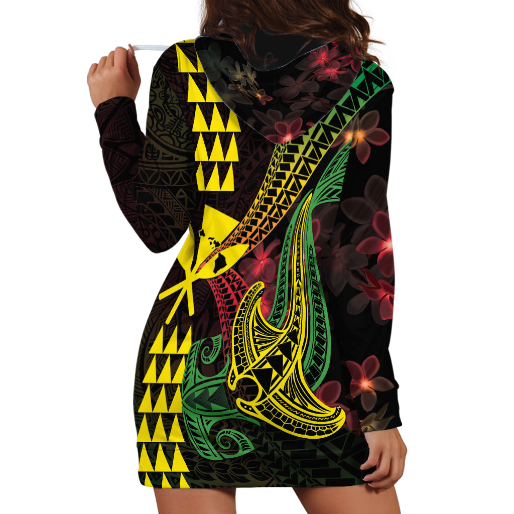 Hawaii Kakau Hammerhead Shark Hoodie Dress Neon Plumeria Pattern LT01 - Polynesian Pride