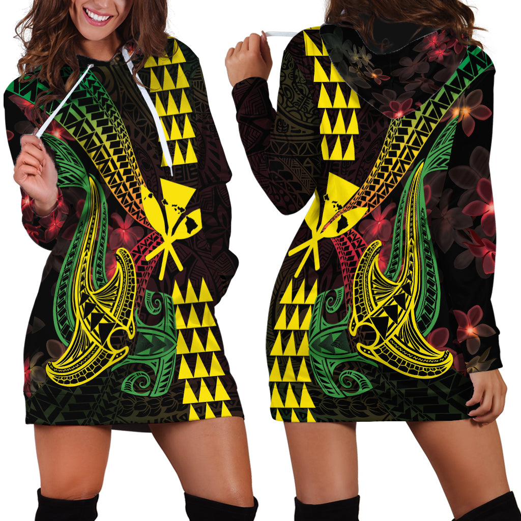 Hawaii Kakau Hammerhead Shark Hoodie Dress Neon Plumeria Pattern LT01 - Polynesian Pride