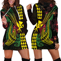 Hawaii Kakau Hammerhead Shark Hoodie Dress Neon Plumeria Pattern LT01 - Polynesian Pride