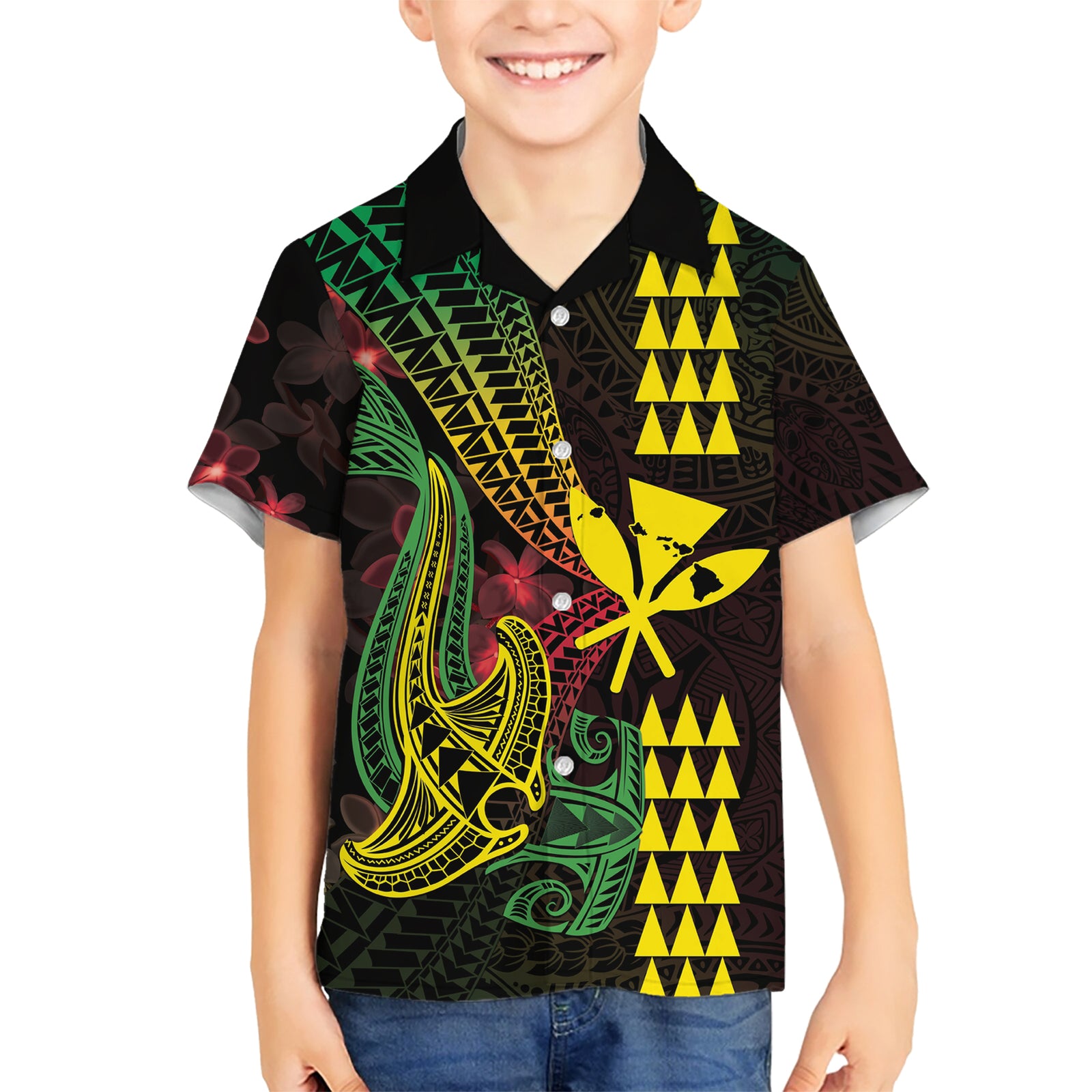 Hawaii Kakau Hammerhead Shark Kid Hawaiian Shirt Neon Plumeria Pattern LT01 Kid Black - Polynesian Pride