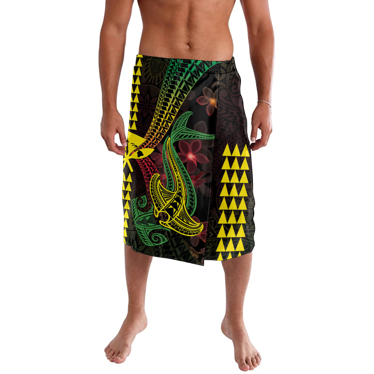 Hawaii Kakau Hammerhead Shark Lavalava Neon Plumeria Pattern