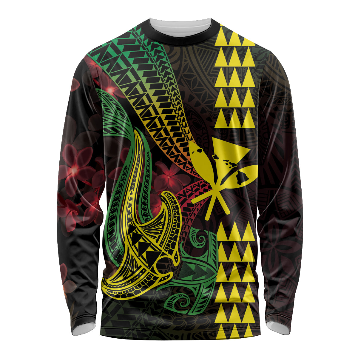 Hawaii Kakau Hammerhead Shark Long Sleeve Shirt Neon Plumeria Pattern LT01 Unisex Black - Polynesian Pride