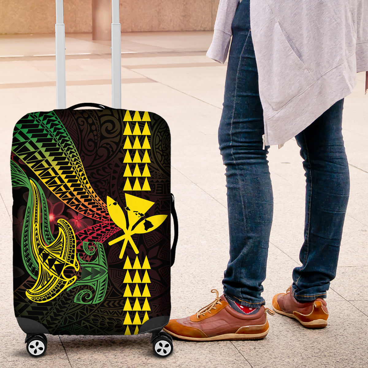 Hawaii Kakau Hammerhead Shark Luggage Cover Neon Plumeria Pattern LT01 Black - Polynesian Pride