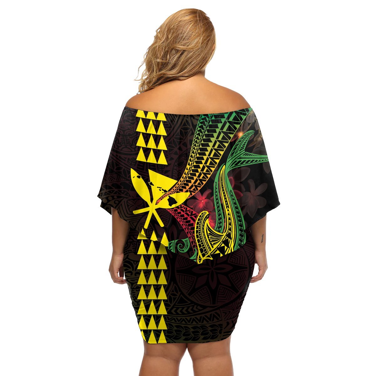 Hawaii Kakau Hammerhead Shark Off Shoulder Short Dress Neon Plumeria Pattern LT01 - Polynesian Pride