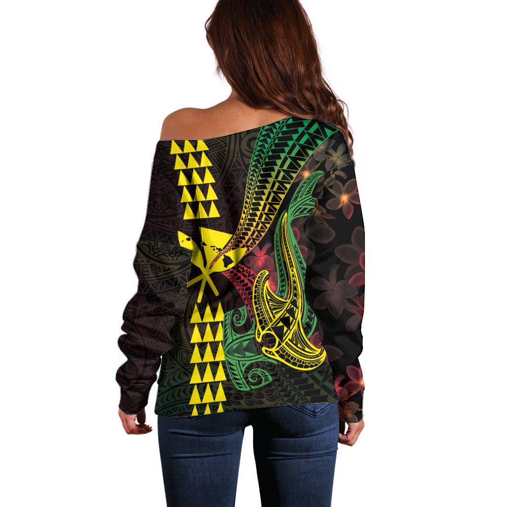 Hawaii Kakau Hammerhead Shark Off Shoulder Sweater Neon Plumeria Pattern LT01 - Polynesian Pride