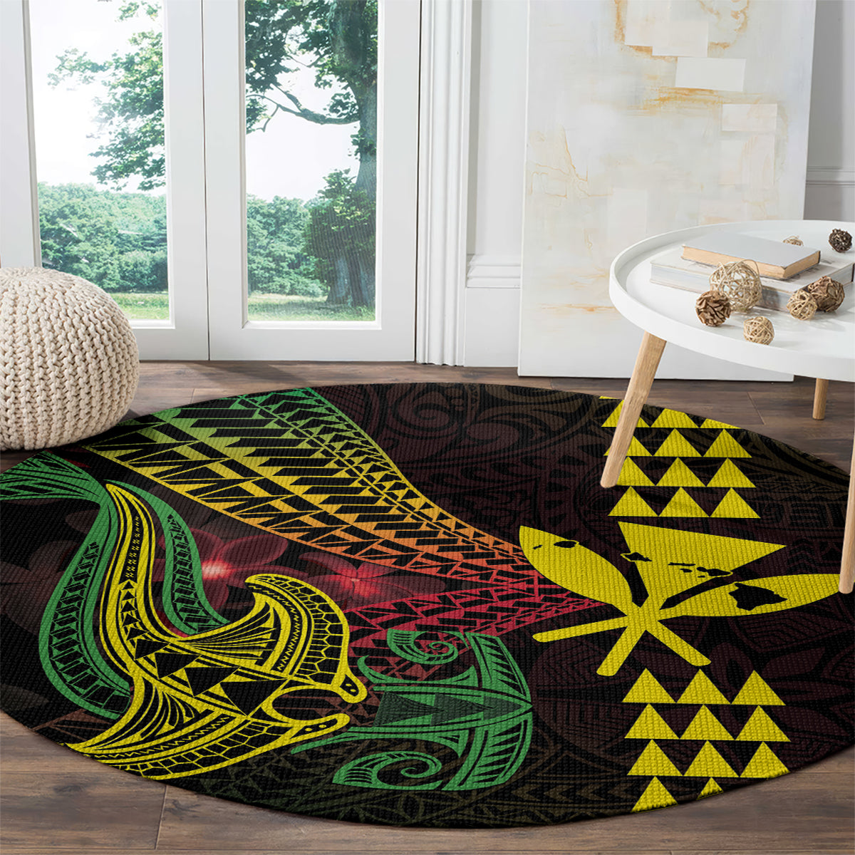 Hawaii Kakau Hammerhead Shark Round Carpet Neon Plumeria Pattern LT01 - Polynesian Pride