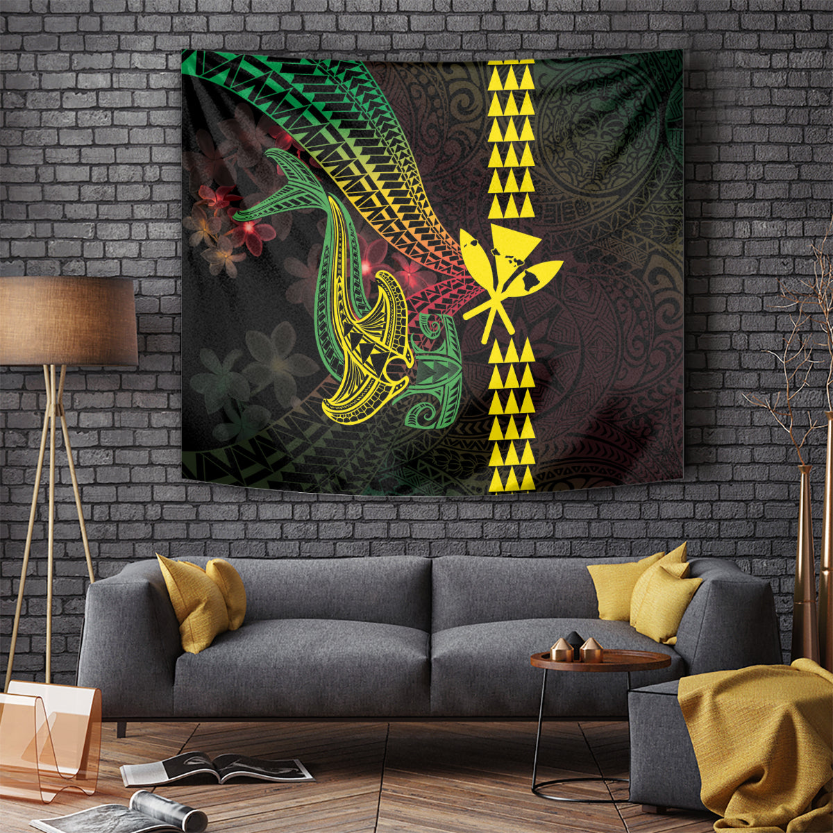 Hawaii Kakau Hammerhead Shark Tapestry Neon Plumeria Pattern LT01 - Polynesian Pride