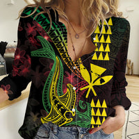 Hawaii Kakau Hammerhead Shark Women Casual Shirt Neon Plumeria Pattern LT01 Female Black - Polynesian Pride