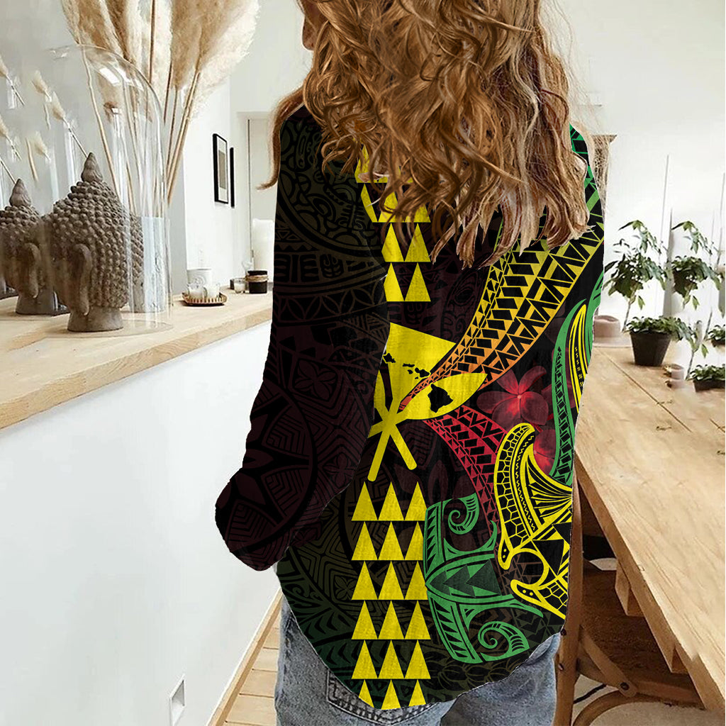 Hawaii Kakau Hammerhead Shark Women Casual Shirt Neon Plumeria Pattern LT01 - Polynesian Pride