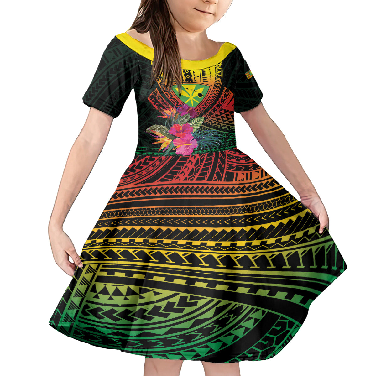 Hawaii Kanaka Maoli Flag Day Kid Short Sleeve Dress Tropical Flowers LT01 KID Black - Polynesian Pride