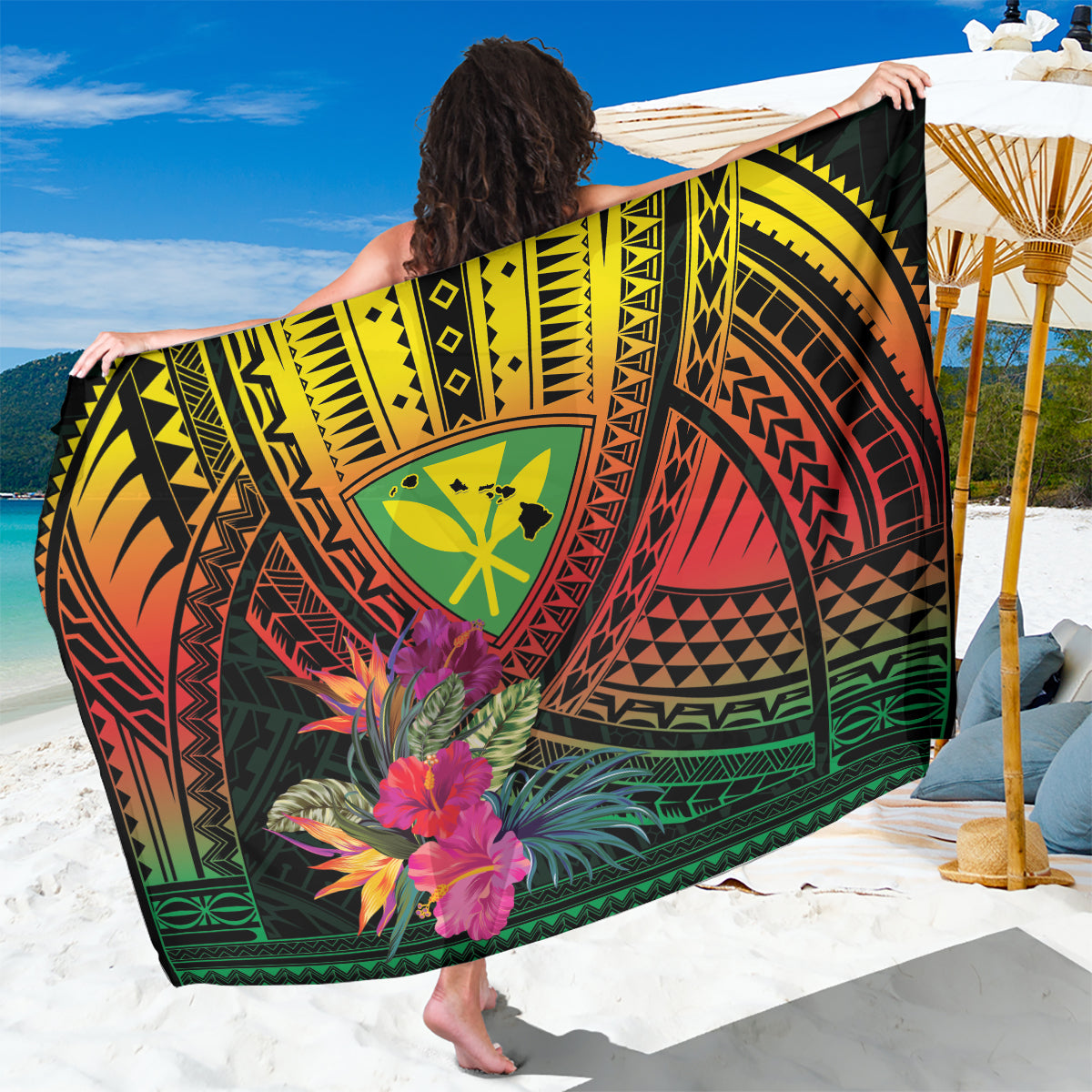 Hawaii Kanaka Maoli Flag Day Sarong Tropical Flowers LT01 One Size 44 x 66 inches Black - Polynesian Pride