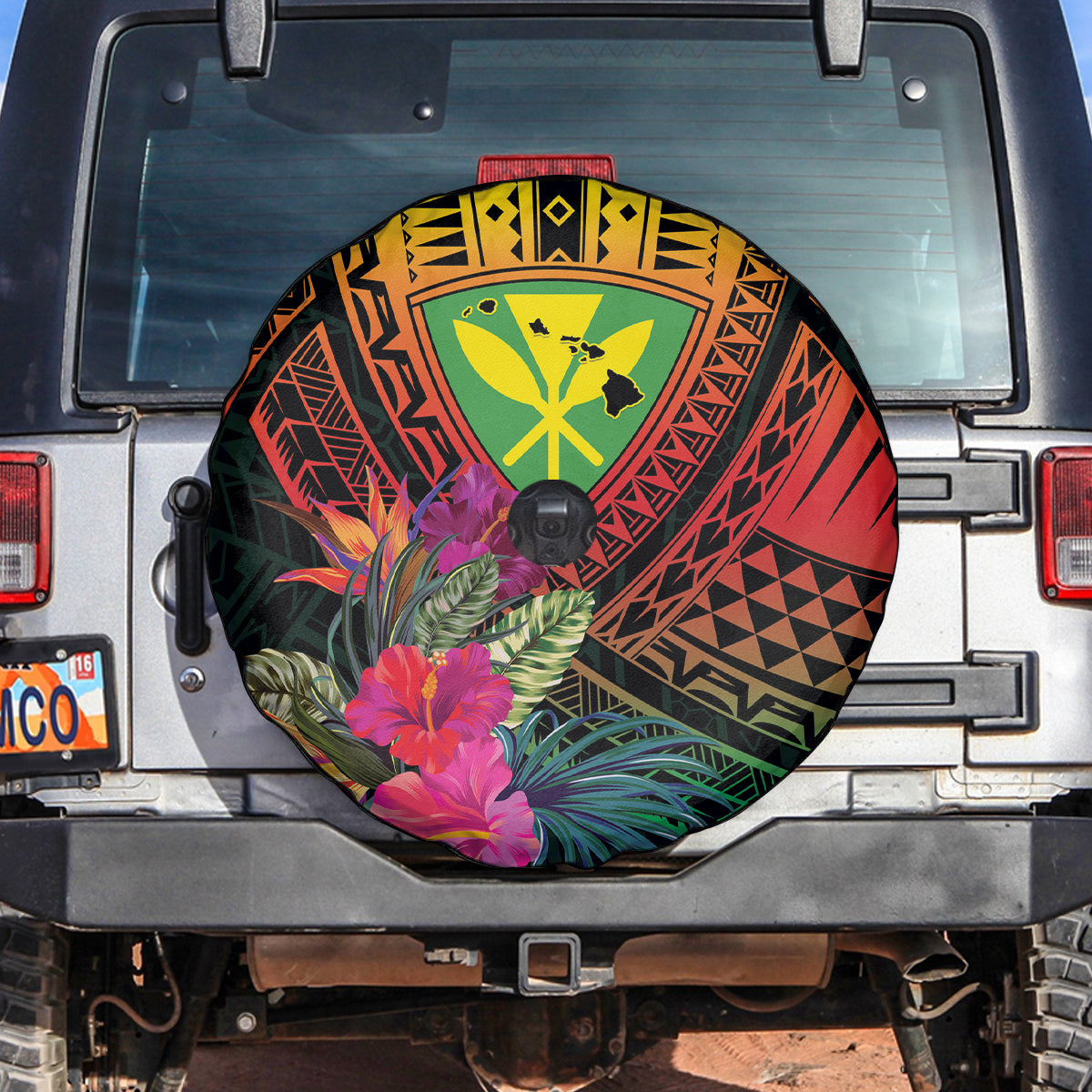Hawaii Kanaka Maoli Flag Day Spare Tire Cover Tropical Flowers LT01 Black - Polynesian Pride