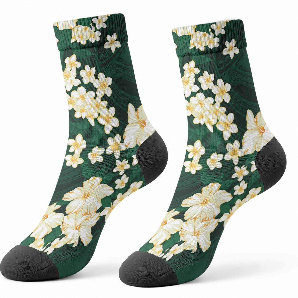 Hawaii Hibiscus Plumeria Green Crew Socks Polynesian Pattern