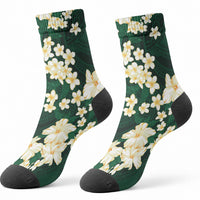 Hawaii Hibiscus Plumeria Green Crew Socks Polynesian Pattern