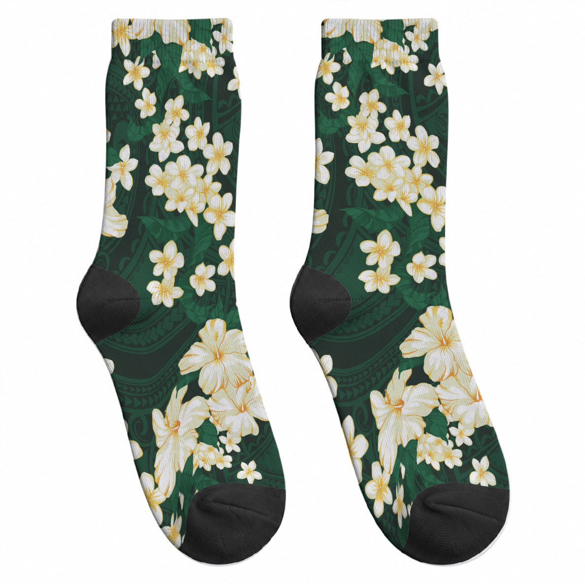 Hawaii Hibiscus Plumeria Green Crew Socks Polynesian Pattern