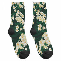Hawaii Hibiscus Plumeria Green Crew Socks Polynesian Pattern