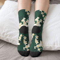 Hawaii Hibiscus Plumeria Green Crew Socks Polynesian Pattern