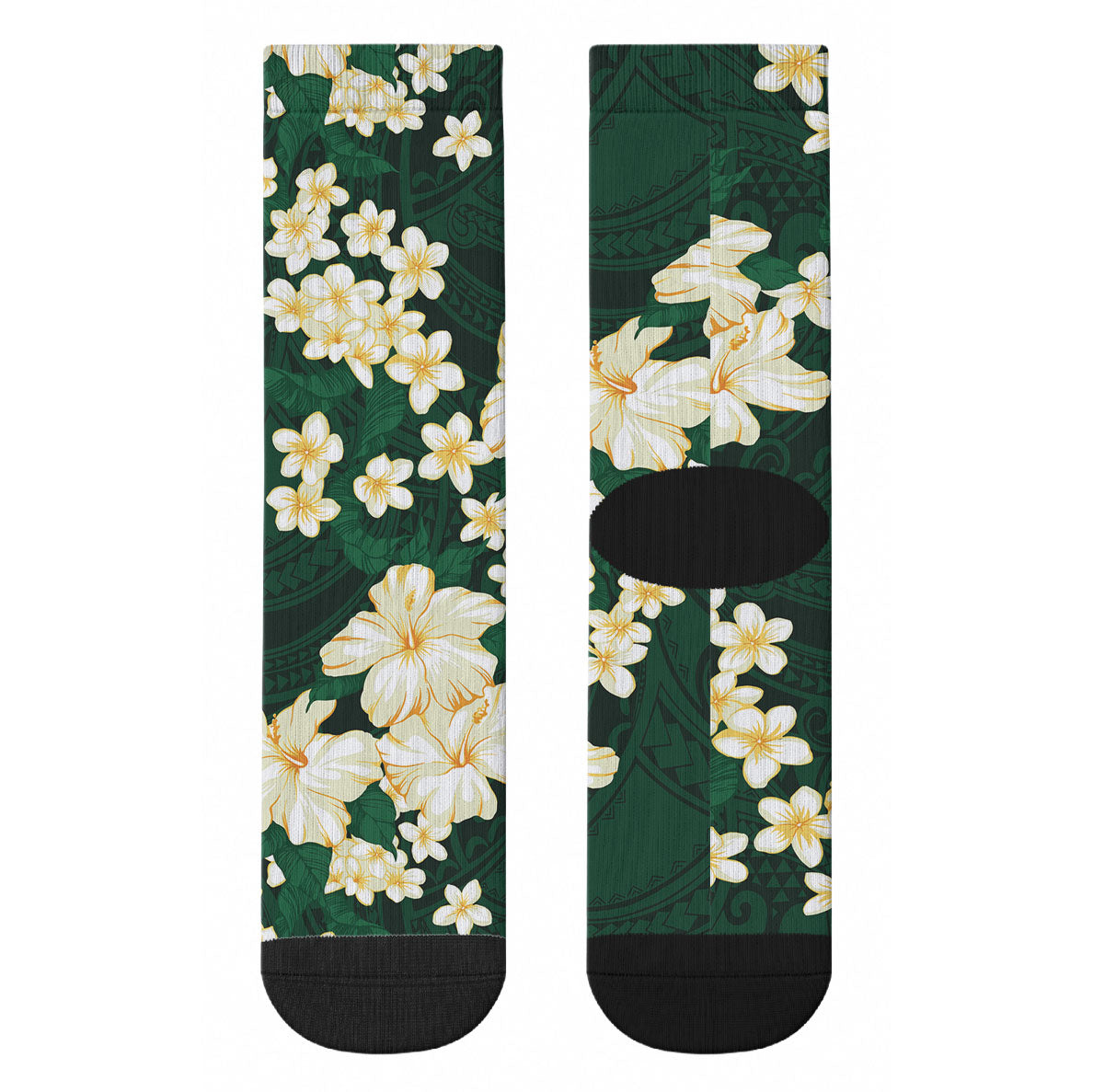 Hawaii Hibiscus Plumeria Green Crew Socks Polynesian Pattern