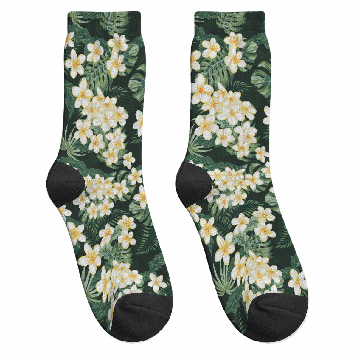 Hawaii Plumeria Tropical Leaves Crew Socks Monstera Calathea Palm Fronds LT01 - Polynesian Pride