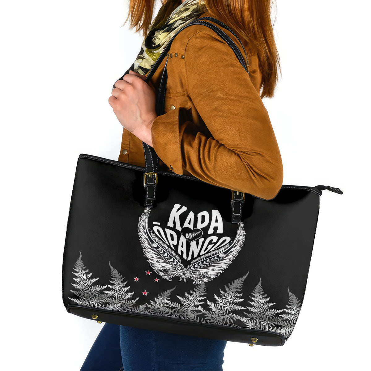 New Zealand Rugby Leather Tote Bag NZ Opango Forever Silver Fern Heart LT01 Black - Polynesian Pride