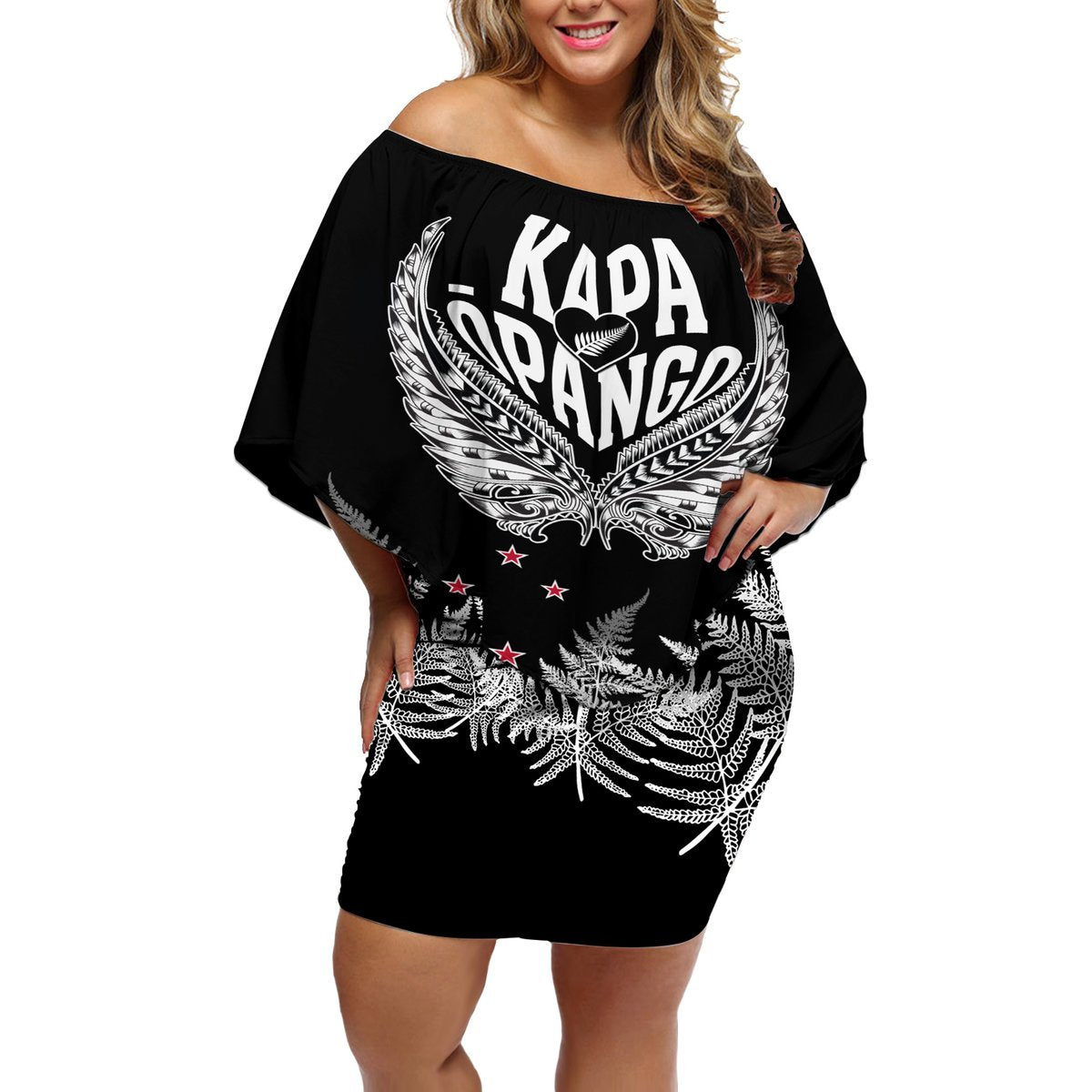 Custom New Zealand Rugby Off Shoulder Short Dress NZ Opango Forever Silver Fern Heart LT01 Women Black - Polynesian Pride