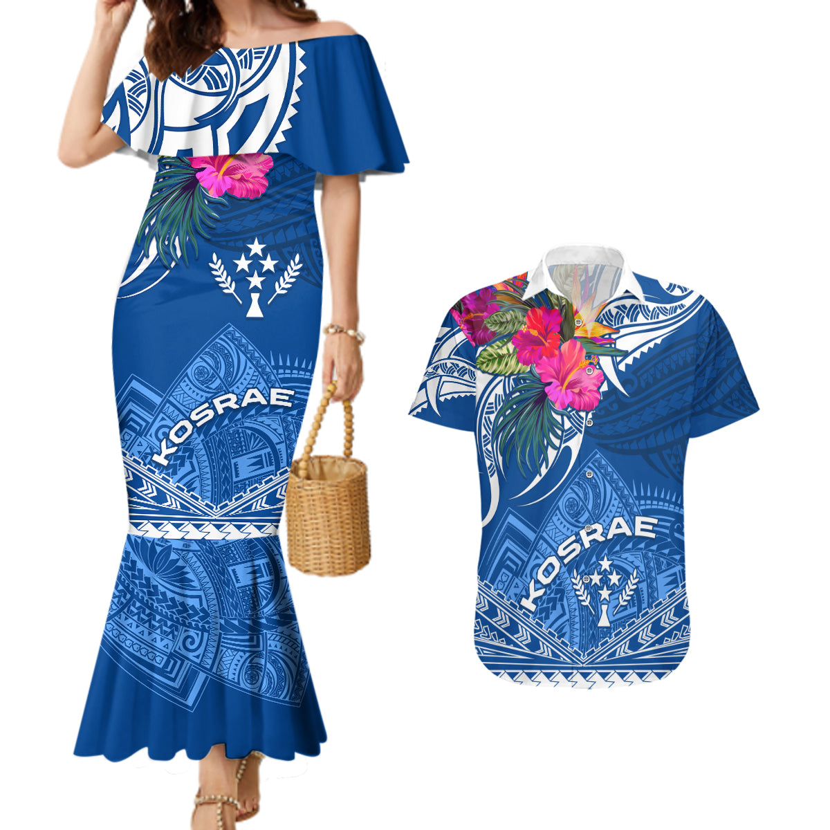 Kosrae Constitution Day Couples Matching Mermaid Dress and Hawaiian Shirt Kusaie Special Style LT01 Blue - Polynesian Pride