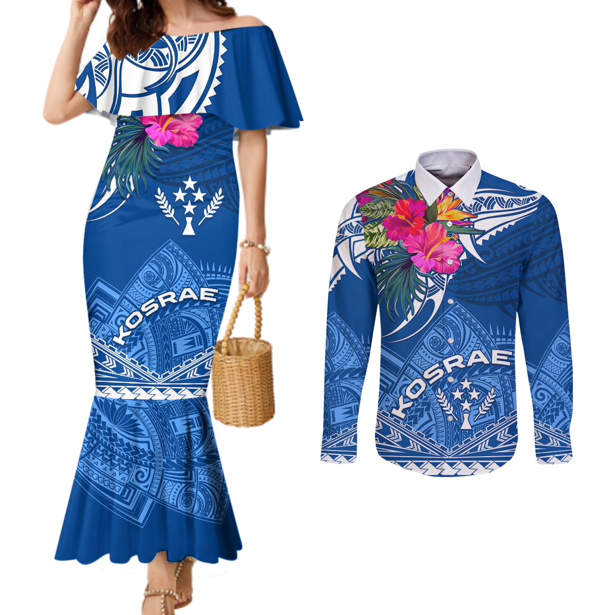 Kosrae Constitution Day Couples Matching Mermaid Dress and Long Sleeve Button Shirt Kusaie Special Style LT01 Blue - Polynesian Pride