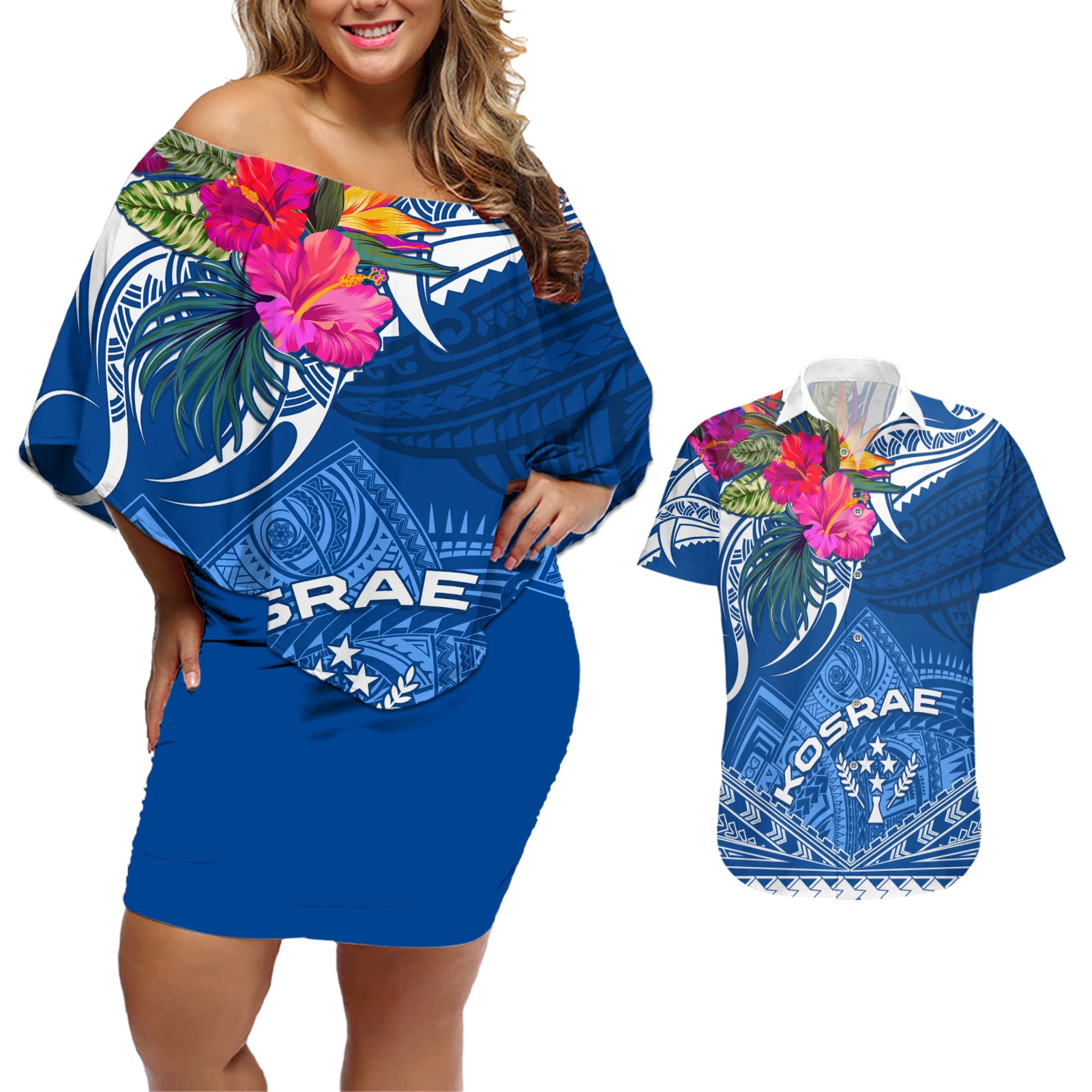 Kosrae Constitution Day Couples Matching Off Shoulder Short Dress and Hawaiian Shirt Kusaie Special Style LT01 Blue - Polynesian Pride