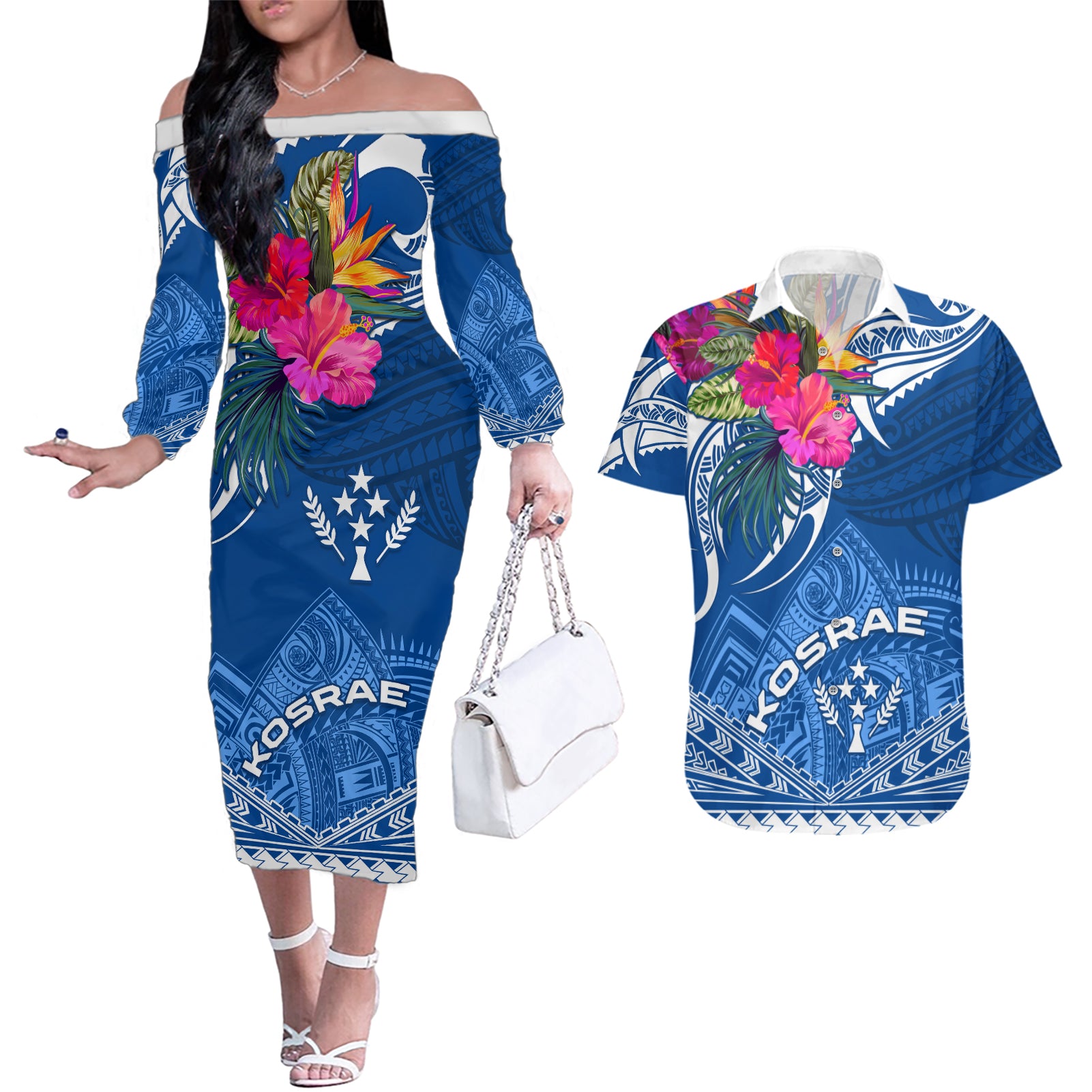 Kosrae Constitution Day Couples Matching Off The Shoulder Long Sleeve Dress and Hawaiian Shirt Kusaie Special Style LT01 Blue - Polynesian Pride