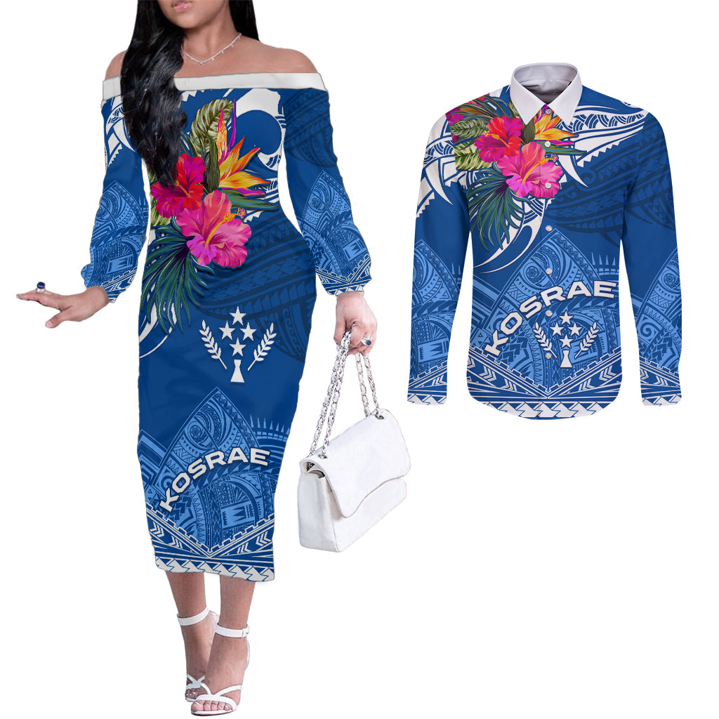 Kosrae Constitution Day Couples Matching Off The Shoulder Long Sleeve Dress and Long Sleeve Button Shirt Kusaie Special Style LT01 Blue - Polynesian Pride