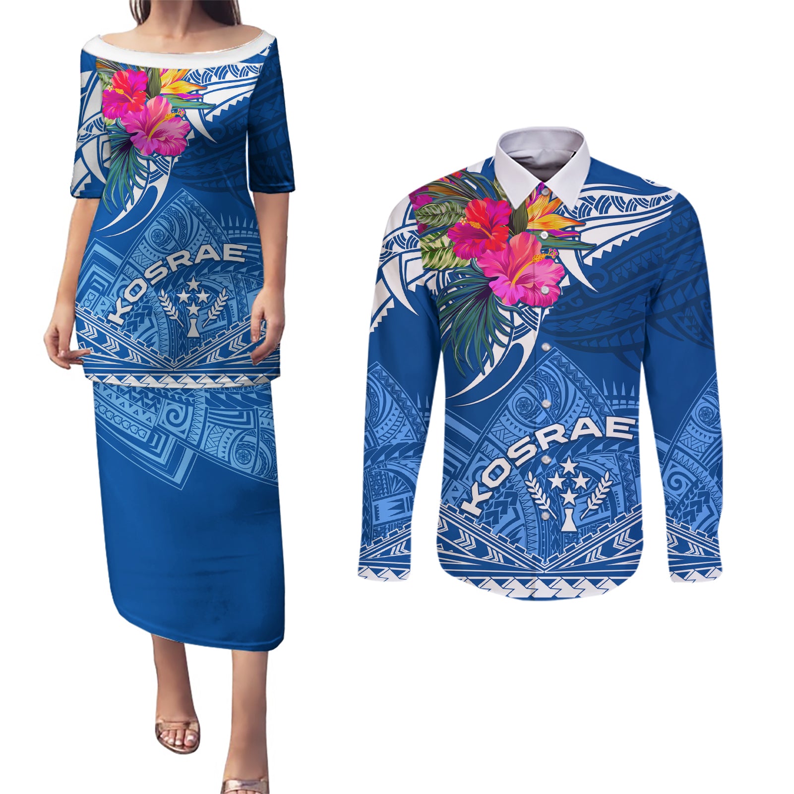 Kosrae Constitution Day Couples Matching Puletasi Dress and Long Sleeve Button Shirt Kusaie Special Style LT01 Blue - Polynesian Pride