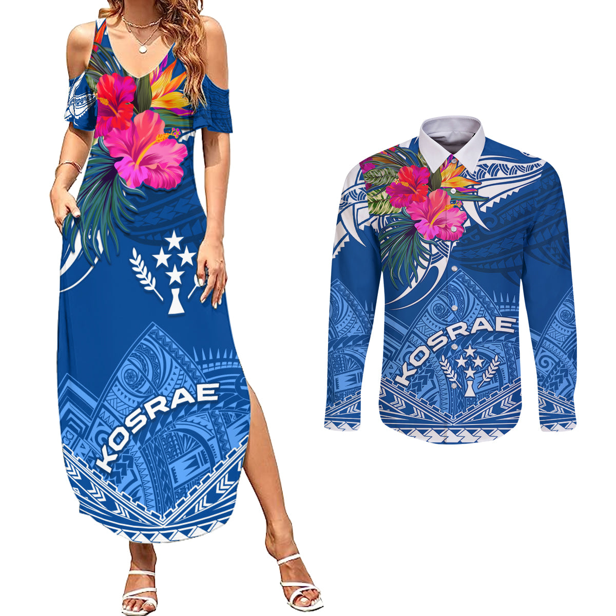 Kosrae Constitution Day Couples Matching Summer Maxi Dress and Long Sleeve Button Shirt Kusaie Special Style LT01 Blue - Polynesian Pride