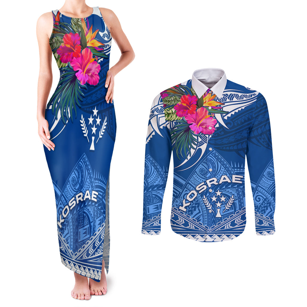 Kosrae Constitution Day Couples Matching Tank Maxi Dress and Long Sleeve Button Shirt Kusaie Special Style LT01 Blue - Polynesian Pride