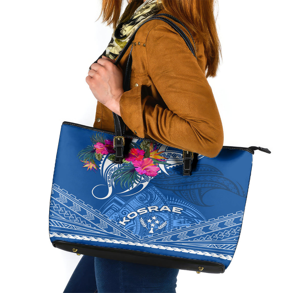 Kosrae Constitution Day Leather Tote Bag Kusaie Special Style LT01 Blue - Polynesian Pride