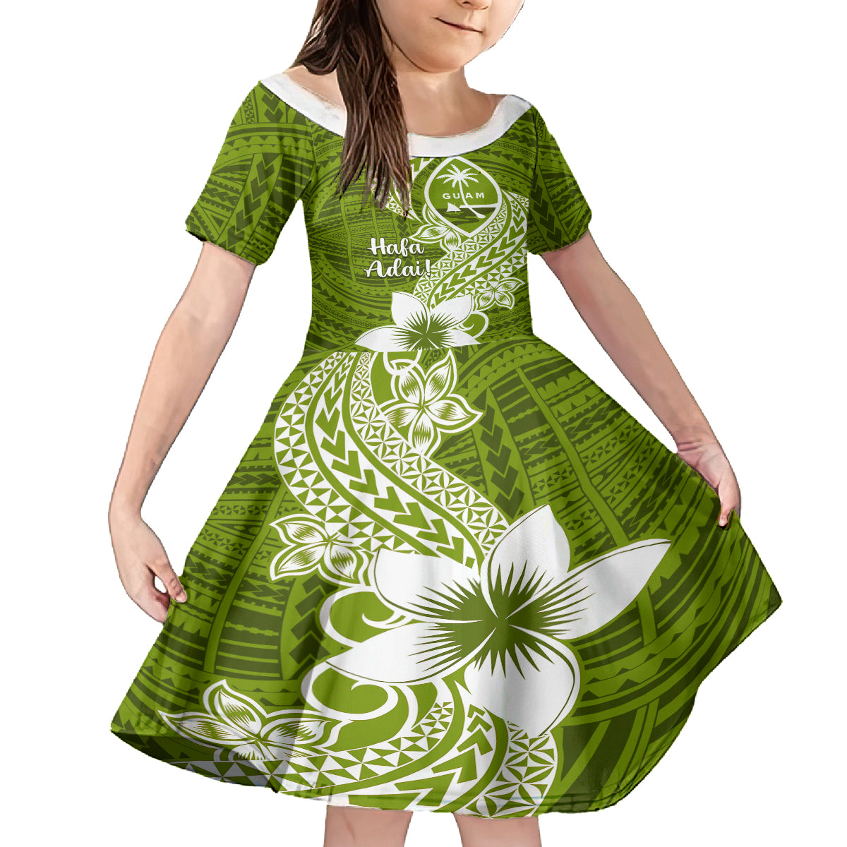 Hafa Adai Guam Kid Short Sleeve Dress Polynesian Olive Green Blue Pattern LT01 KID Green - Polynesian Pride