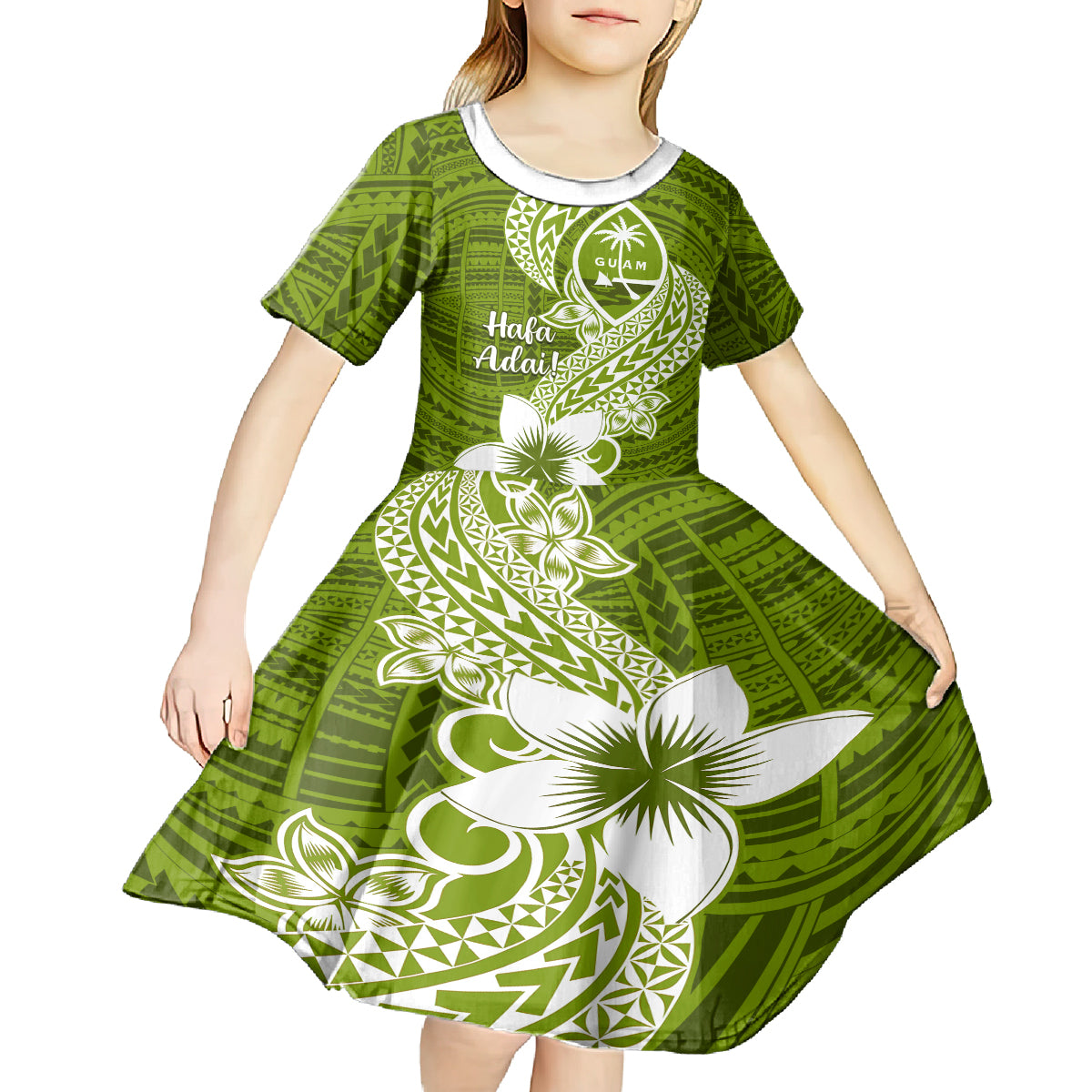 Hafa Adai Guam Kid Short Sleeve Dress Polynesian Olive Green Blue Pattern LT01 - Polynesian Pride