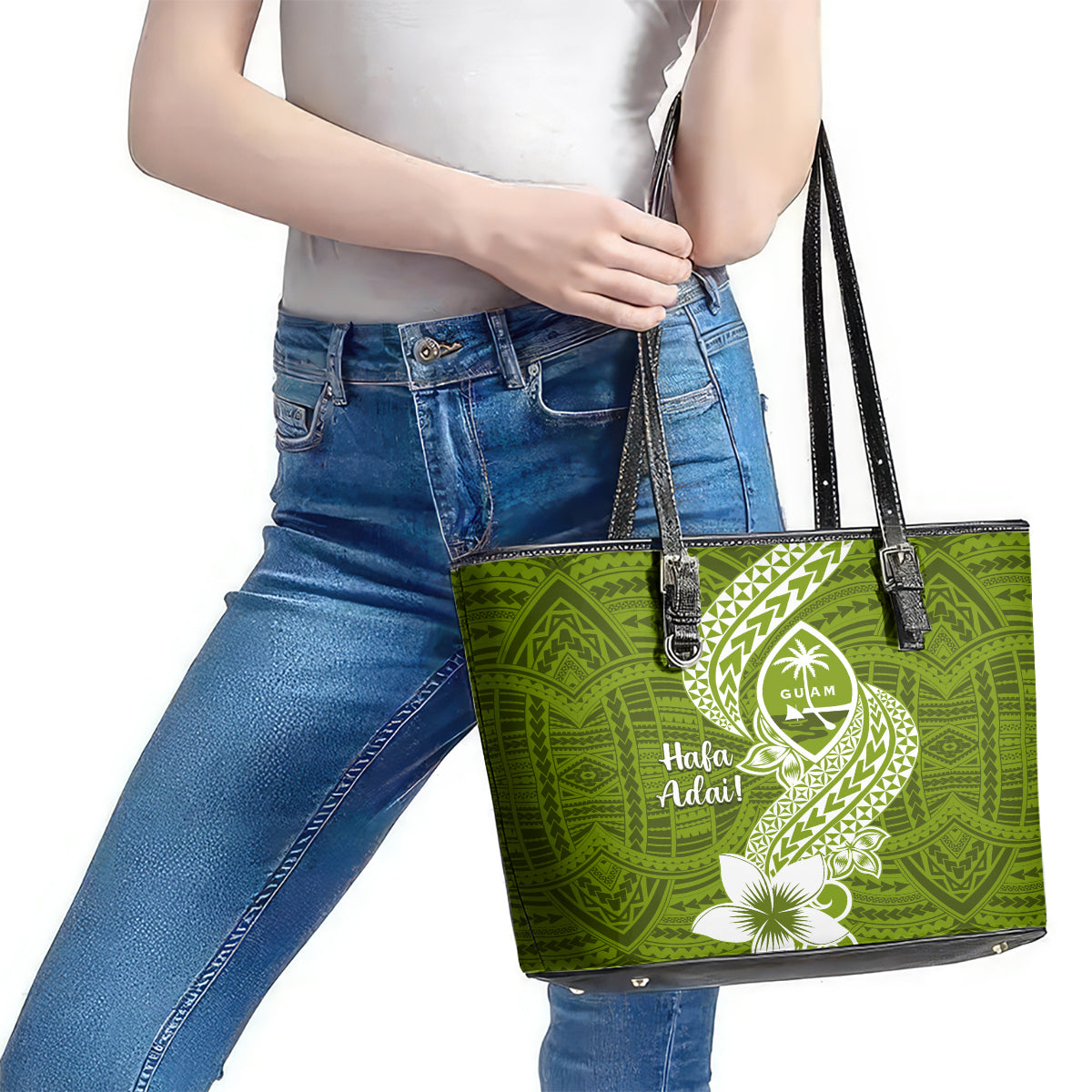 Hafa Adai Guam Leather Tote Bag Polynesian Olive Green Blue Pattern LT01 - Polynesian Pride