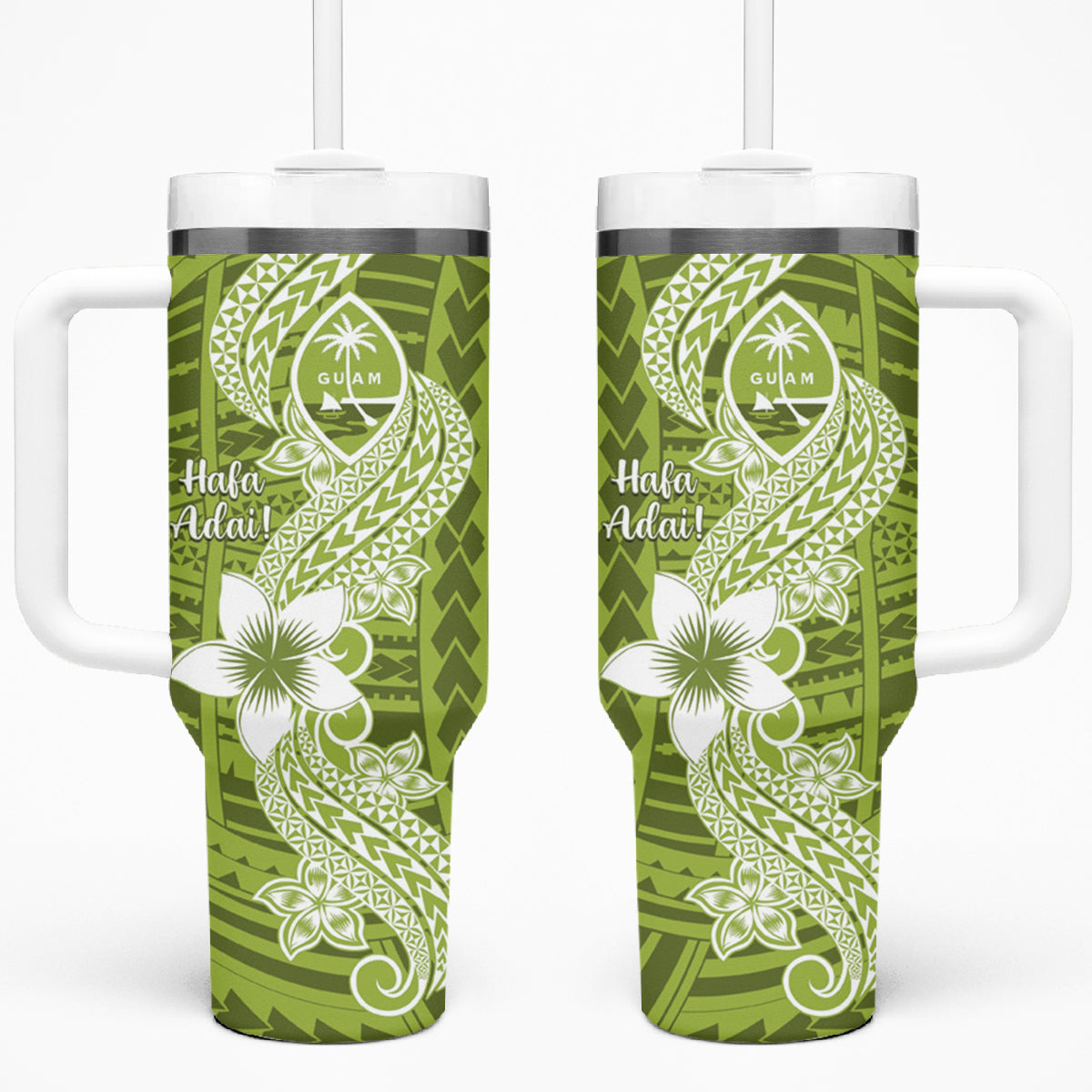 Hafa Adai Guam Tumbler With Handle Polynesian Olive Green Blue Pattern LT01 One Size: 40 oz Green - Polynesian Pride