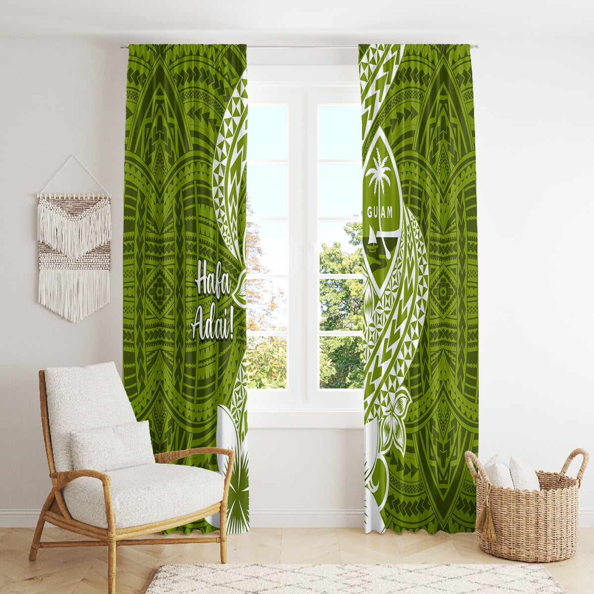Hafa Adai Guam Window Curtain Polynesian Olive Green Blue Pattern LT01 - Polynesian Pride