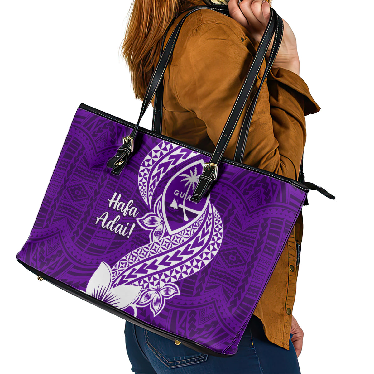 Hafa Adai Guam Leather Tote Bag Polynesian Floral Purple Pattern LT01 - Polynesian Pride